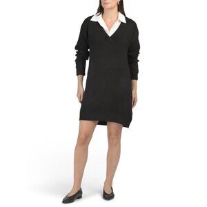 IN FEBRUARY Black Mixed Media Soft Sweater Mini Shirt Dress